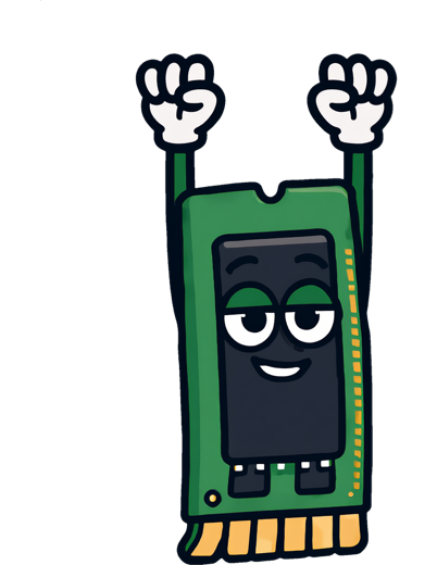 Chip, a green RAM stick with cartoon gloves
